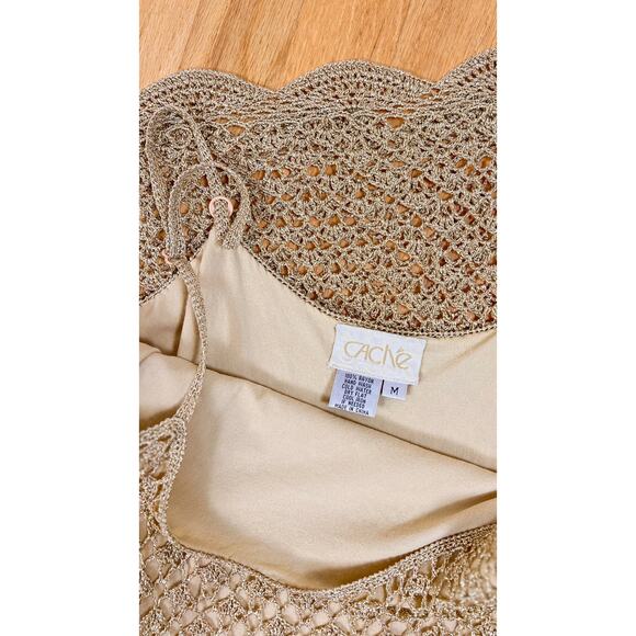 Vintage 2000s Party Dress Y2K CACHE Metallic Gold Crochet Spaghetti Strap Slip - Picture 11 of 11